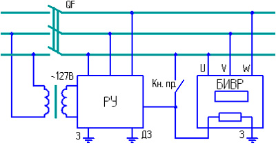 Рис.1. Схема внешних соединений реле утечки и блока БИВР  измерения времени его срабатывания в трансформаторной подстанции