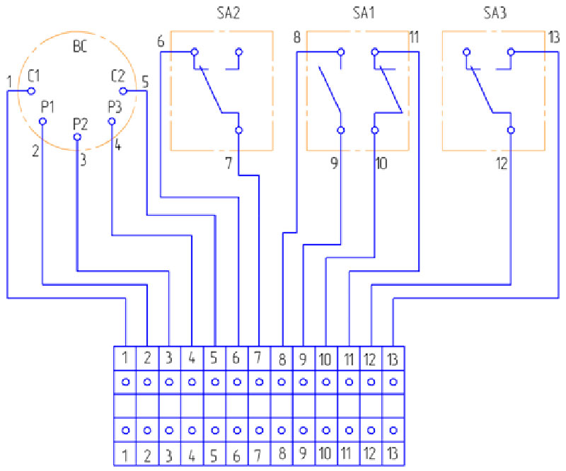 Электросхема соединений командоаппарата SA1, SA2