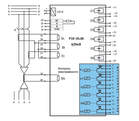 Схема подключения внешних цепей с двумя ТТ к устройству "РЗЛ-01.00"