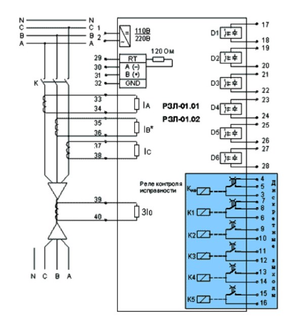 Схема подключения устройств релейной защиты РЗЛ-01-01