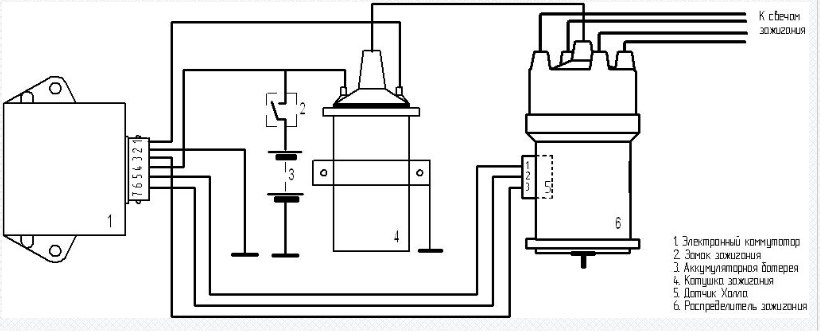 Схема включения в систему зажигания коммутатора 179.3734