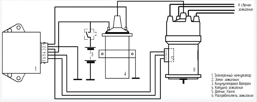 Схема включения в систему зажигания коммутатора 178.3734