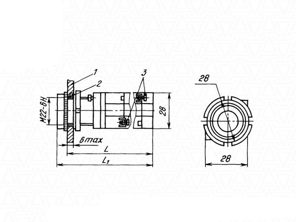 Схема габаритных размеров кнопки КМЕ-4101, КМЕ-4102