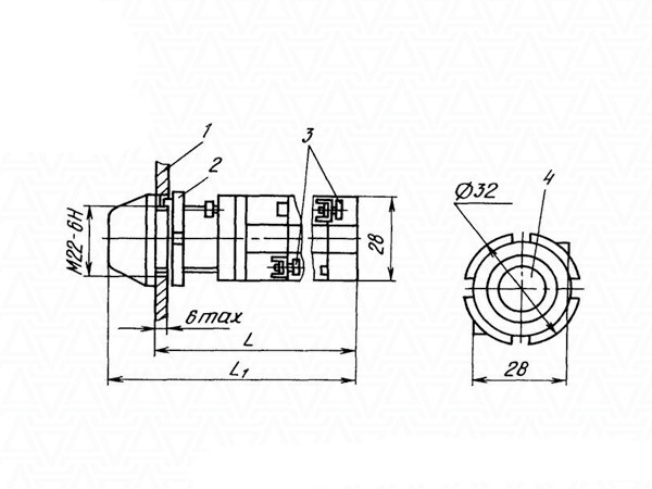 Схема габаритных размеров кнопки КМЕ-4210