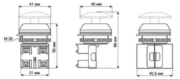Схема габаритных размеров кнопки КЕ-032