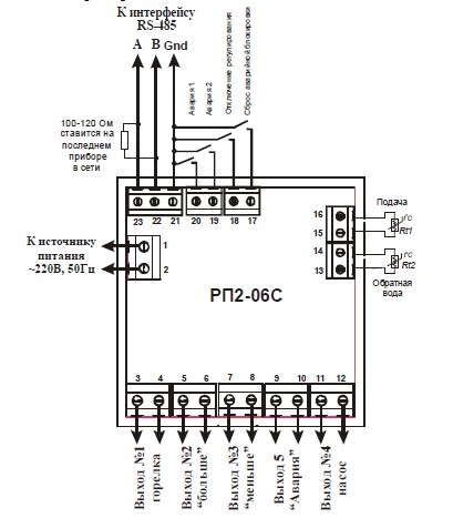 Схема подключения регулятора температуры РП2-06С